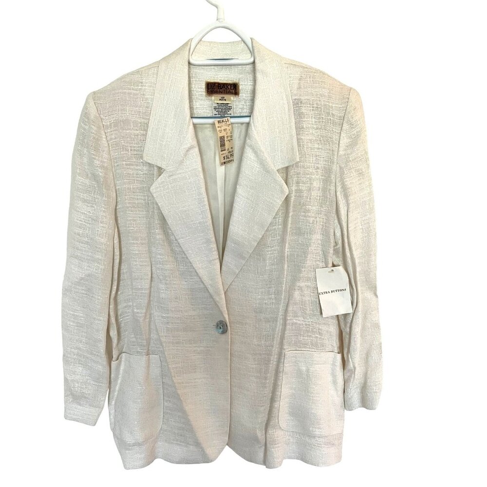 NWT Vintage Liz Baker Essentials LInen Blend Womens White Blazer Jacket SZ 14 P